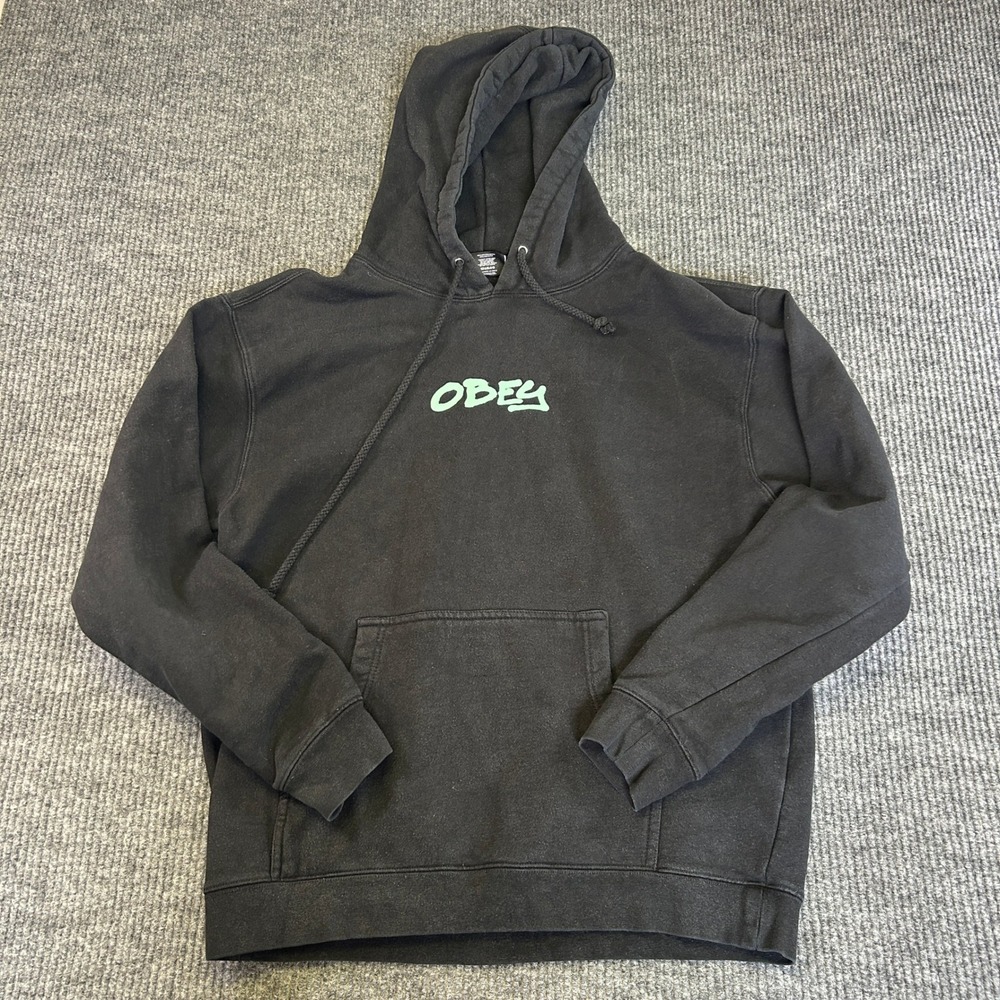Obey Worldwide City List Graffiti Logo Hoodie Black Mens Large Streetwear Skater